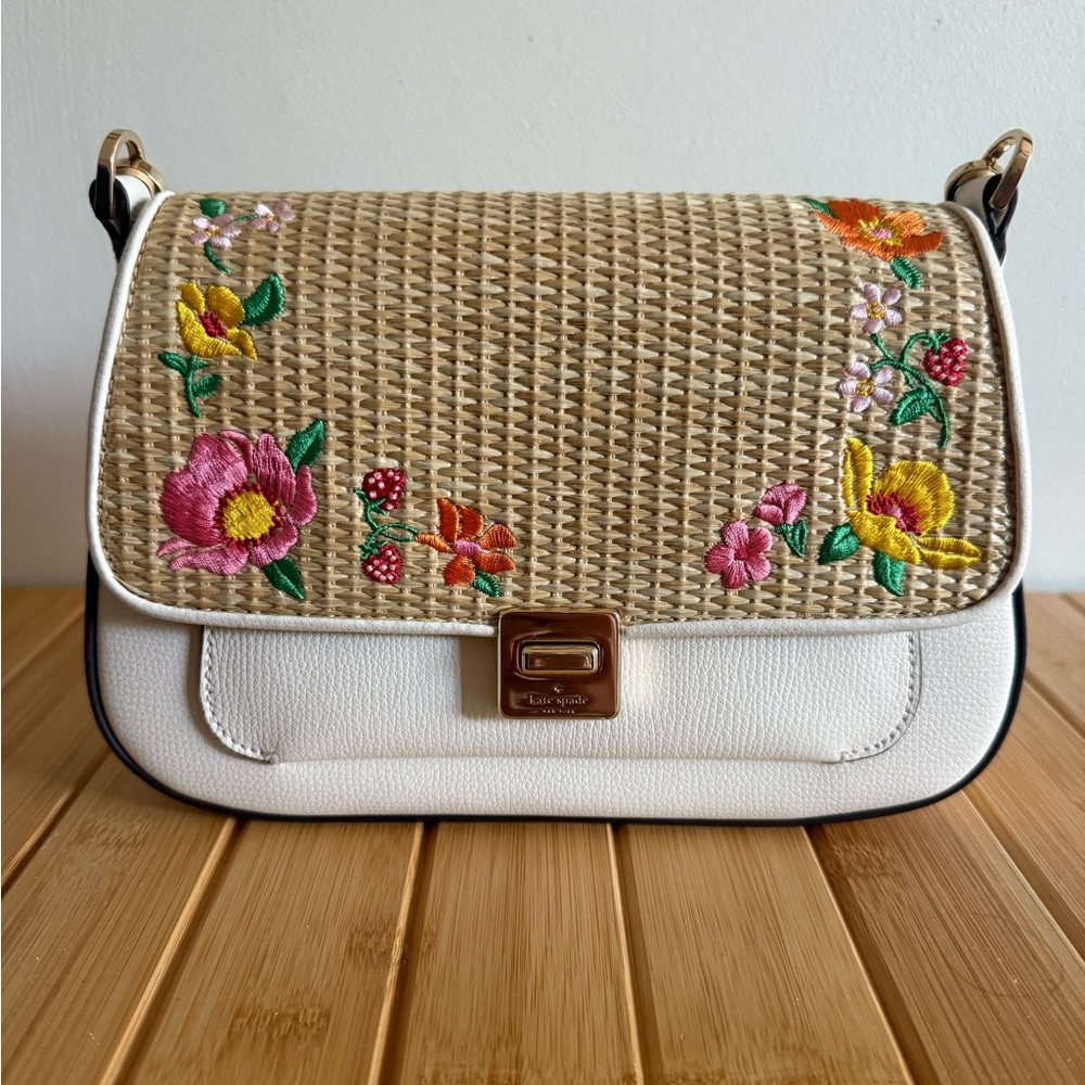 Kate Spade Floral Embroidered Tan and White Shoulder Bag